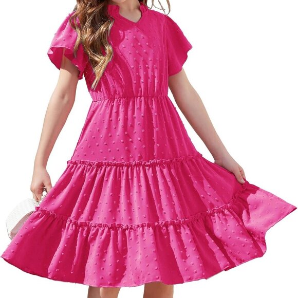 New Girls' Summer Ruffle Sleeve Swiss Dot V-Neck Twirl Dress - Rose Red, Size 12 - Picture 1 of 7